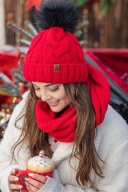 Vivisence Stylish Women's Winter Set Including Pompom Hat And Cozy Snood Scarf Made From Soft And Warm Fabric Smooth Fleece Lining Ideal For Cold Days, red