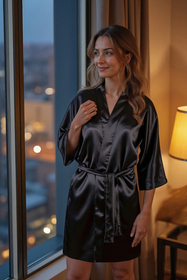 Vivisence Women's Satin Robe with 3/4 Sleeves Tie Waist Short Kimono Style Elegant Polyester Nightwear, Black