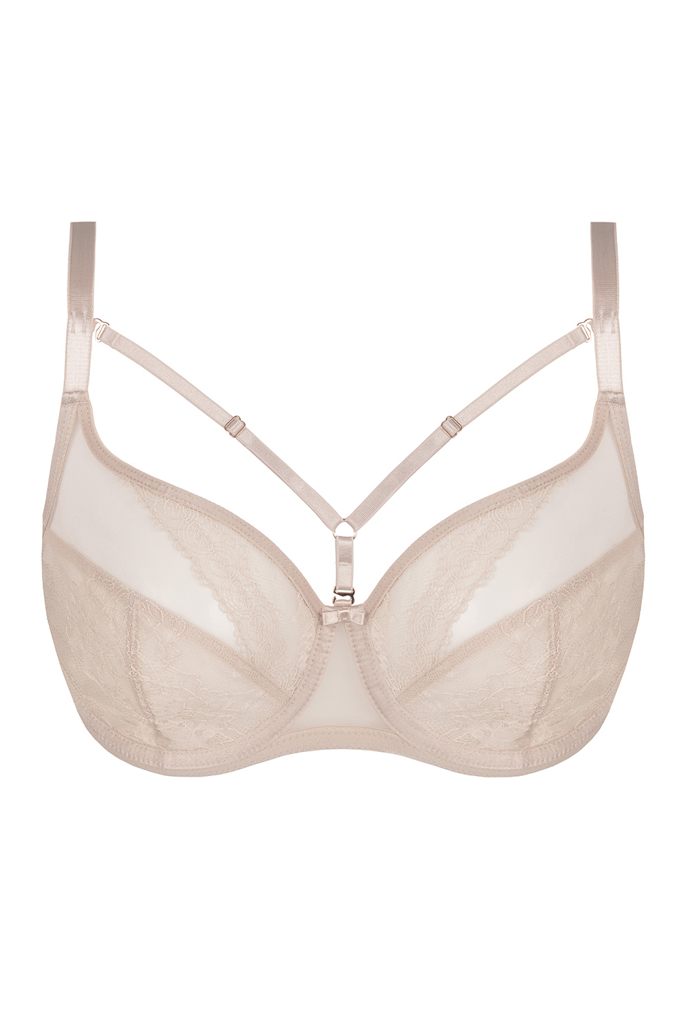 Vivisence Damen Bügel-BH Softcup Spitze Mit Dekobändern Verstellbare Träger Schleife Netz Cups Transparent Roségold Details Lingerie Vollschale Unterwäsche, 