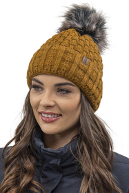 Vivisence Pom Pom Hat For Women Fleece Lined Knitted Winter Style 7015, dark yellow