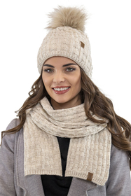 Vivisence Femme Bonnet Et Écharpe Pour l'Automne et l'Hiver À Pompon Chauds Doublés De Polaire Anti-Statique Idéal Pour Les Hommes Élégants Parfait Pour Froides Journées 7015Kmpl, beige