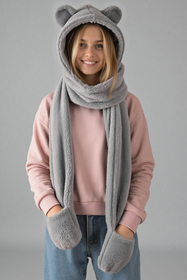 Vivisence Femme Capuche Écharpe Hiver Avec Moufles Oreilles Mignon Douillet, gris clair
