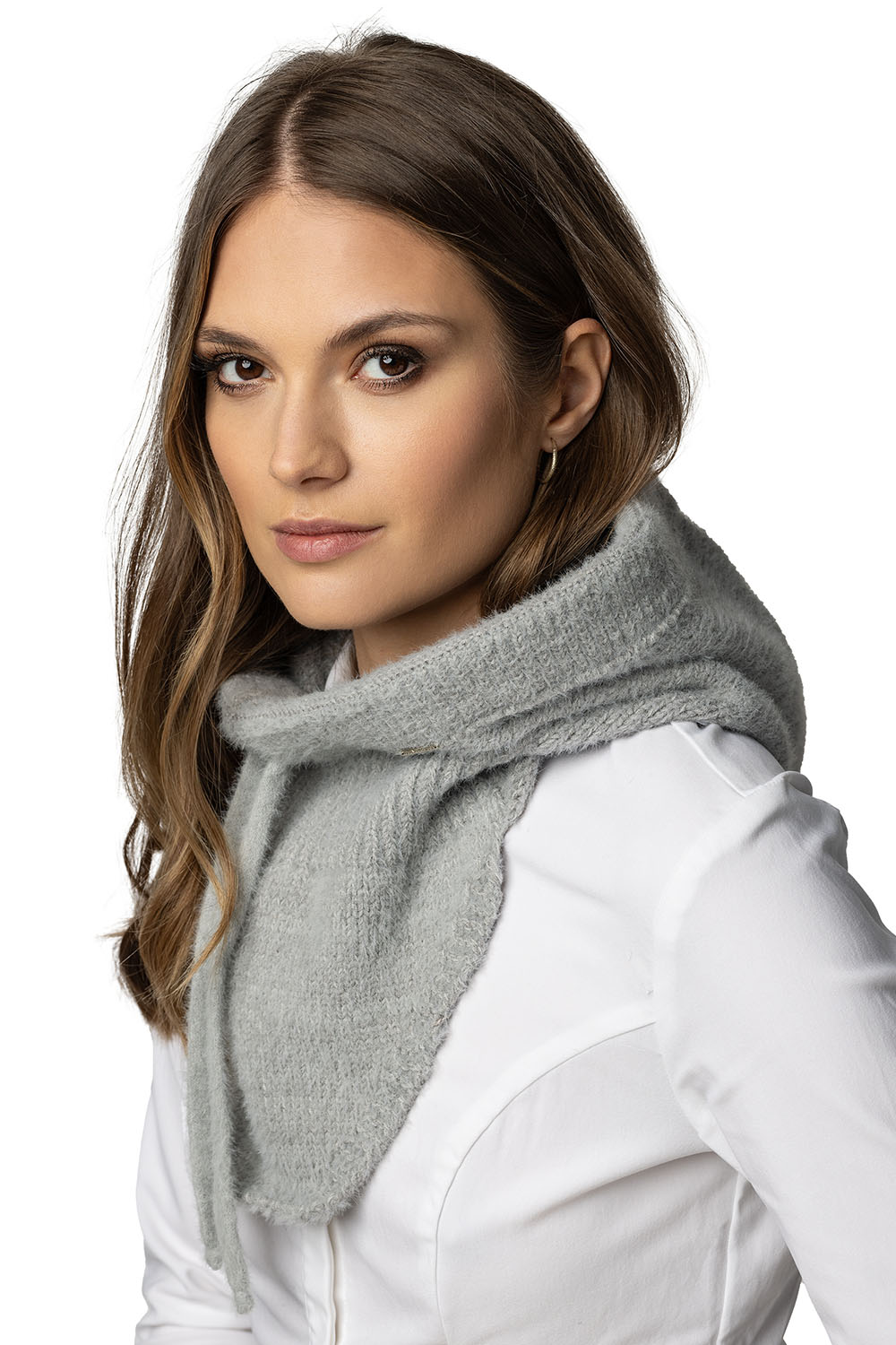Women's Hood And Gloves for Winter and Autumn Set Stylish Balaclava Warm And Functional For Cold Weather Comfort With Soft Yarn And Elegant Tinsel Detail 7097Kmpl, light grey