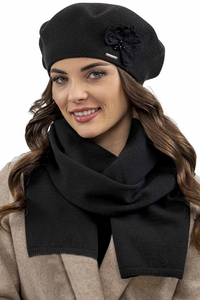 Vivisence Ensemble Béret Et Écharpe Pour Femme Automne et Hiver En Laine Style Classique Élégant Avec Application Florale Idéal Pour Les Froides Journées Cadeau Parfait 7036Kmpl, noir