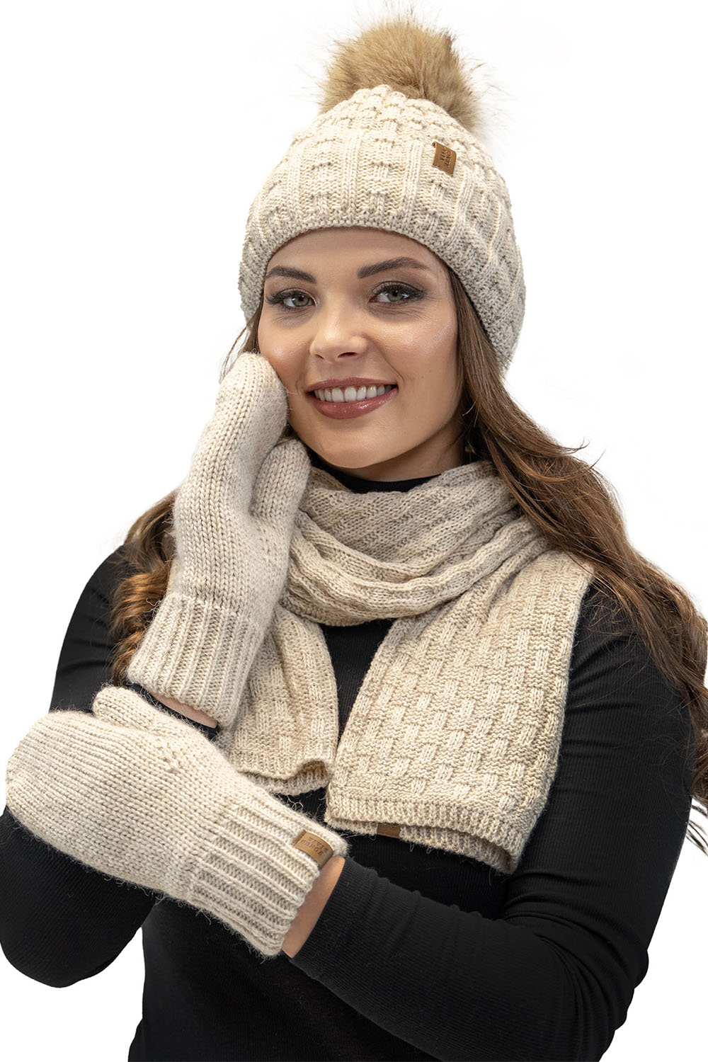Vivisence Damen Mütze Bommel Warm Fleece Gefüttert Strick Winterstyle 7015, beige