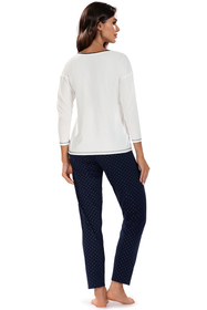 Vivisence Damen Pyjama Schlafanzug Langarm Nachtwäsche  2teilig Set Bequem 2029, ecru/dunkelblau