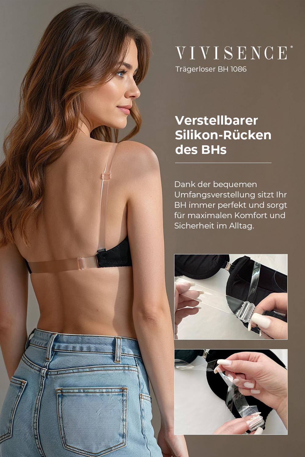 Vivisence Soutien Gorge Push Up Dos Nu Silicone Bretelles Dos Ouvert 1086, noir