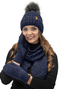 Vivisence Femme Ensemble Bonnet Pompon Écharpe Moufles Chaud Hiver Élégant, bleu foncé