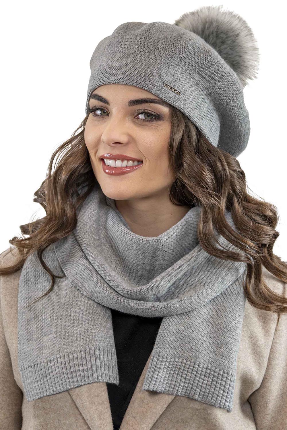 Vivisence Women Beret Wool Blend Faux Fur Pompom Elegant Warm Winter Hat 7035, grey
