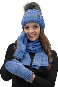 Vivisence Femme Ensemble Bonnet Pompon Écharpe Moufles Chaud Hiver Élégant, bleu denim