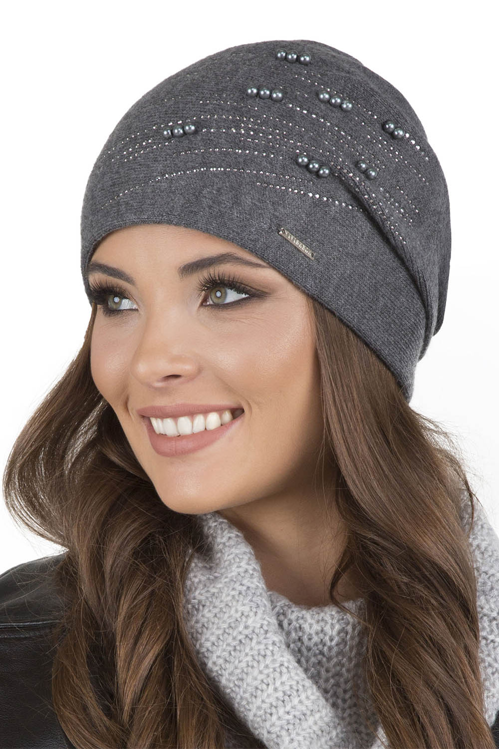 Vivisence Damen Mütze Strick Warm Fleece Zirkonia Perlen Elegant Winter 7012, dunkelgrau
