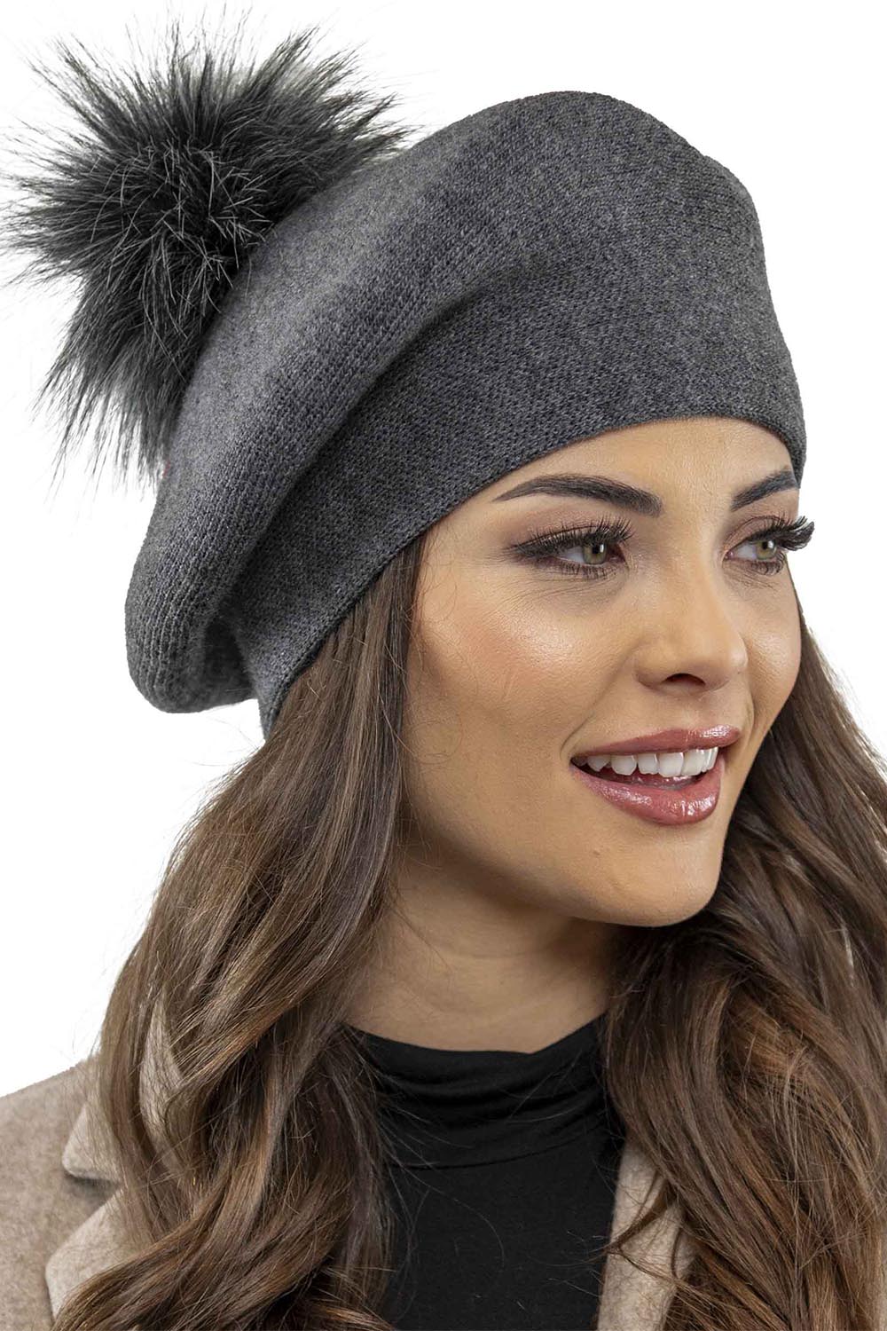 Vivisence Damen Baskenmütze Schal Set Bommel Wolle Warm Elegant Winter 7035Kmpl, dunkelgrau