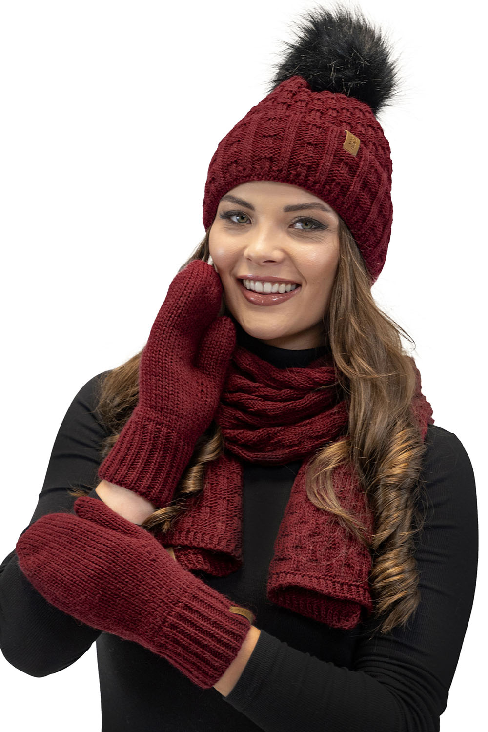 Vivisence Damen Mütze Bommel Warm Fleece Gefüttert Strick Winterstyle 7015, weinrot