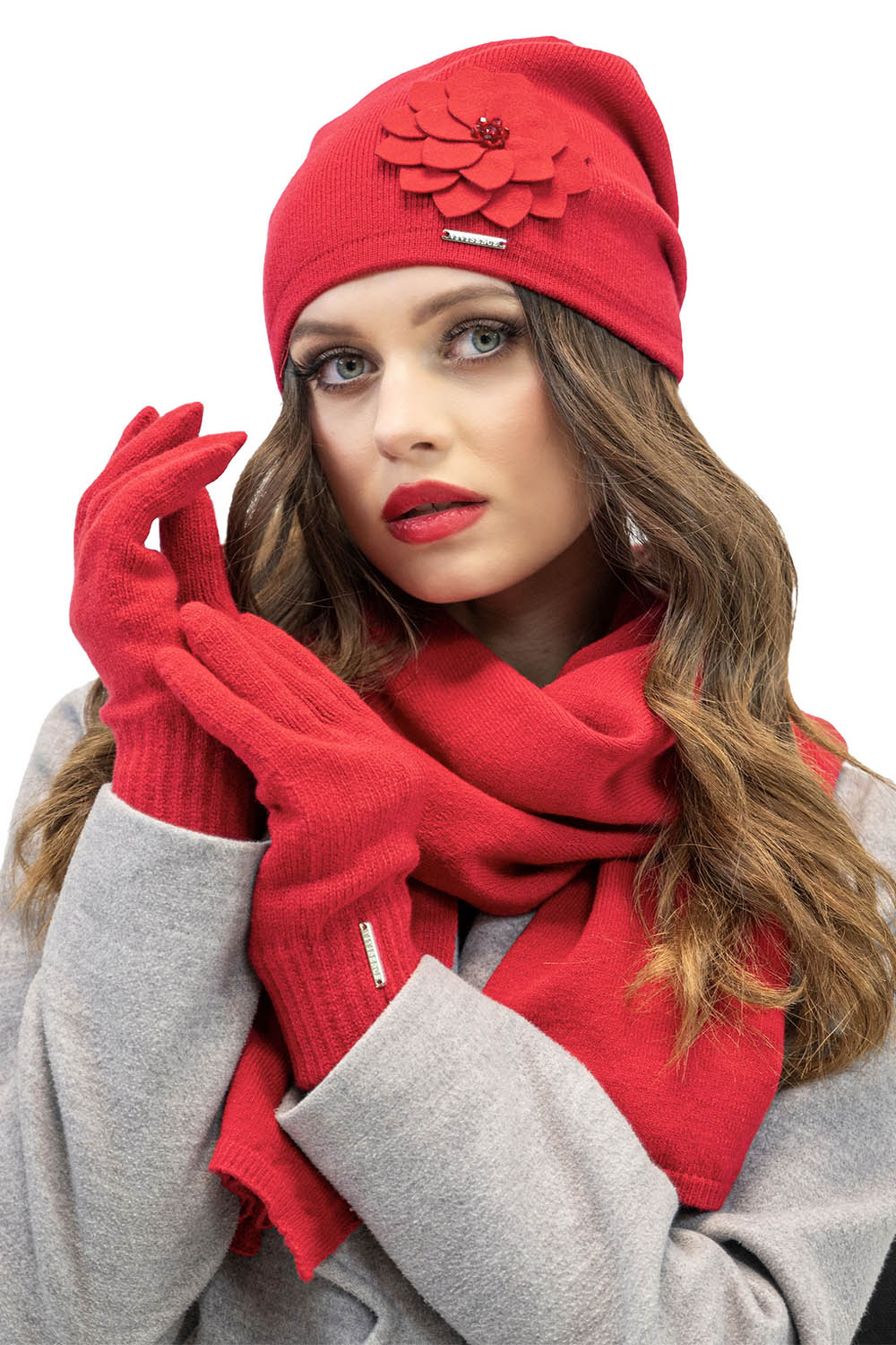 Vivisence Trendiger Damen Winter Set Aus Wintermütze Und Schal Mit Wärmendem Garn Antistatische Blumenapplikation Und Falten Design Perfekt Für Kalte Wintertage, rot
