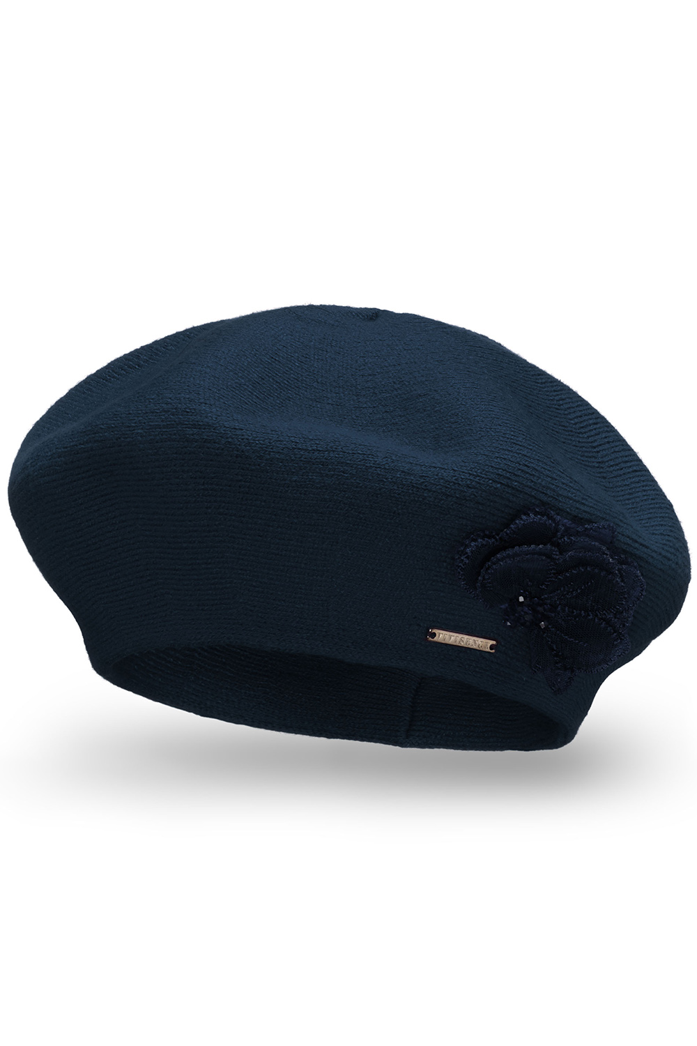 Vivisence Women's Beret With Floral Applique Ideal For Winter Days 7036, dark blue