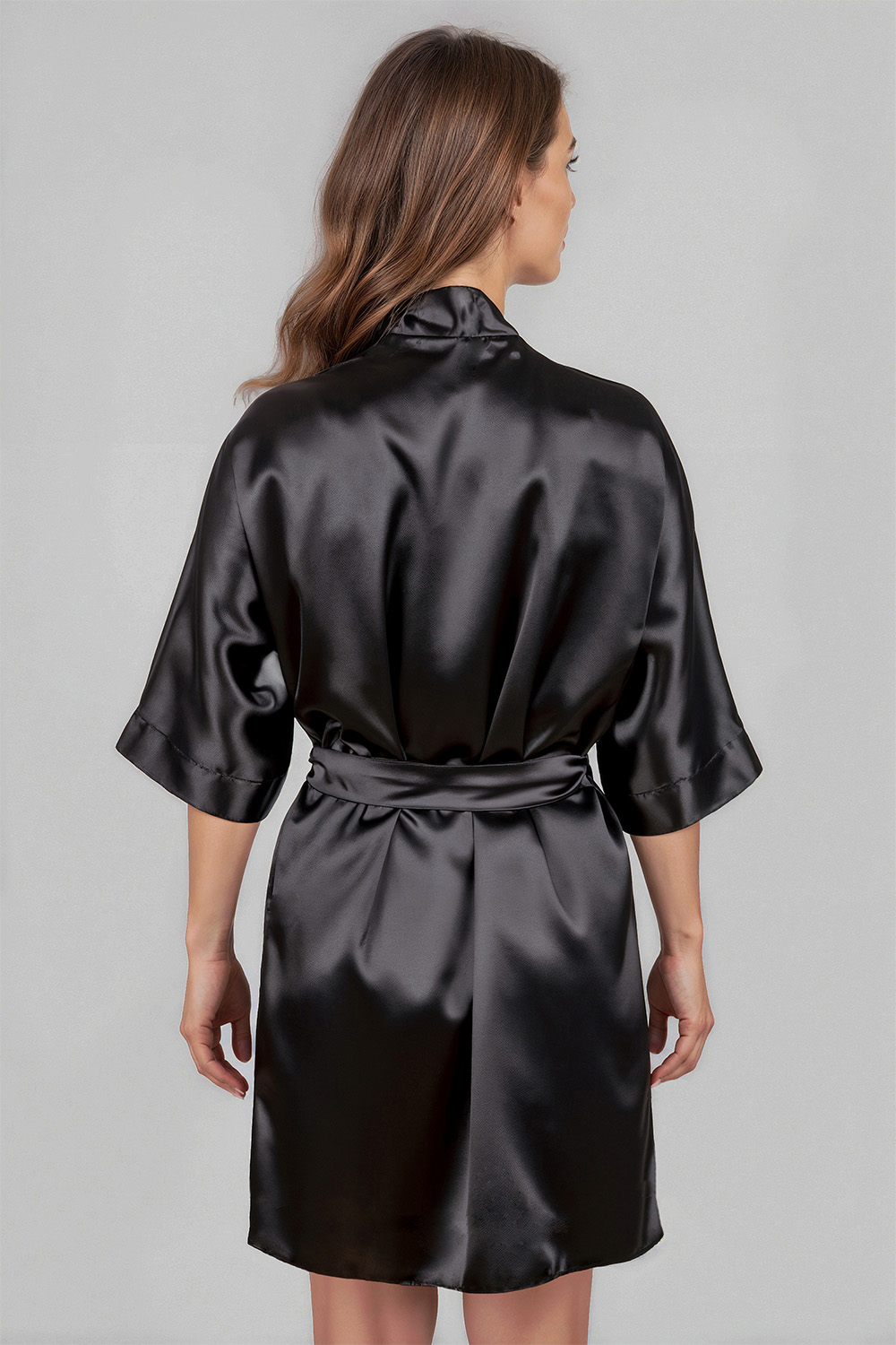 Vivisence Women's Satin Robe with 3/4 Sleeves Tie Waist Short Kimono Style Elegant Polyester Nightwear, Black