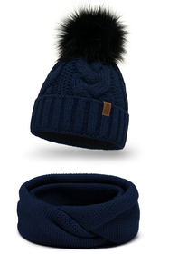 Vivisence Stylish Women's Winter Set Including Pompom Hat And Cozy Snood Scarf Made From Soft And Warm Fabric Smooth Fleece Lining Ideal For Cold Days, dark blue
