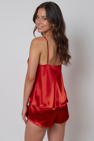 Vivisence Satin Women’s Pajama Set Top and Shorts Nightwear with Adjustable Straps, V-Neck, Relaxed Fit for Sleep and Lounge, Red