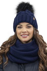 Vivisence Damen Winter Set Bommelmütze Loop Schal Handschuhe Warm Elegant, dunkelblau