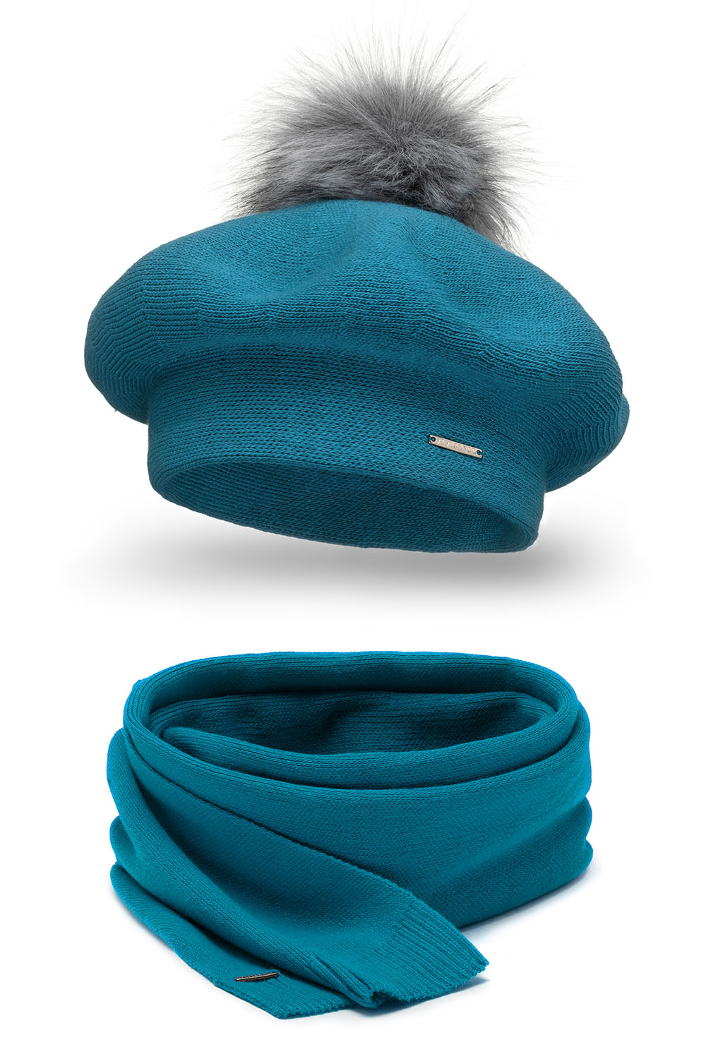 Vivisence Damen Baskenmütze Schal Set Bommel Wolle Warm Elegant Winter 7035Kmpl, türkis