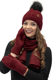 Vivisence Damen Mütze Bommel Warm Fleece Gefüttert Strick Winterstyle 7015, weinrot