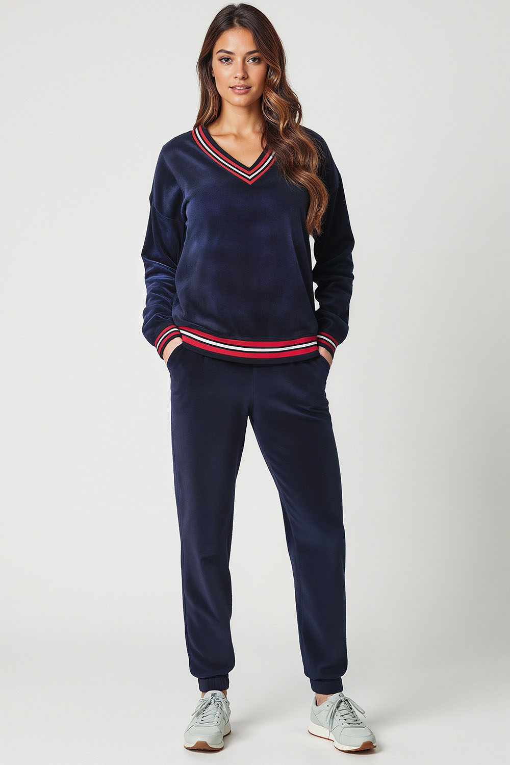 Vivisence Women Tracksuit Velour Set Ribbed Cuffs Comfortable Loungewear 9201, dark blue