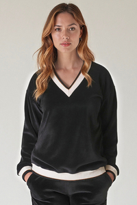 Vivisence Dame Sweatshirt Sporthemd Velvet Velours Alltag Homewear Klassisch Sport Jogging 9001, Schwarz