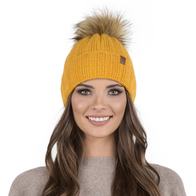 Vivisence Women's Pom Pom Hat Fleece Lined Faux Fur Pom Knitted 7019, honey