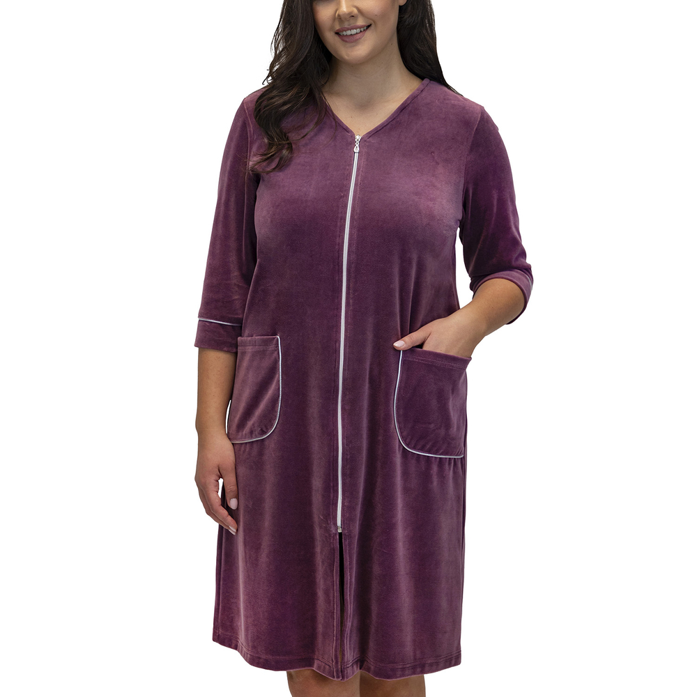 Vivisence Robe with Pockets Cotton Zipper Closure Comfortable To Wear At Home 5027, purple