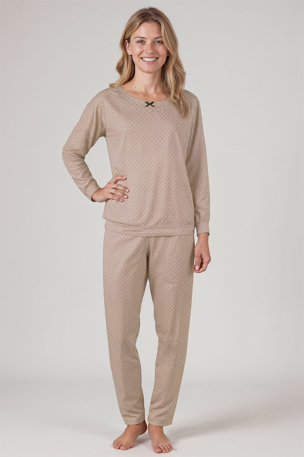 Vivisence Pyjama Deux pièces pour Femme Coton Manches Longues 2023, beige