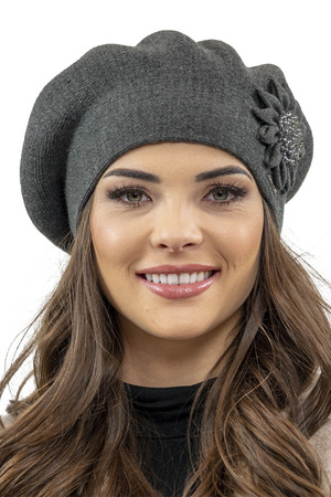 Vivisence Women's Winter Beret Classic Style And Floral Decoration Made From Warm And Soft Woolen Fabric Perfect Fit Ideal For Cold Winter And Autumn Days, Dark Grey