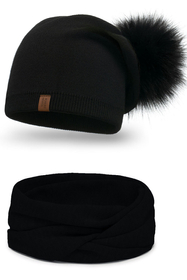 Vivisence Modisches Damen-Set aus Mütze Mit Umweltfreundlichem Pompon und Doppelt Gefaltetem Strickstoff Sowie Passendem Loop-Schal Ideal für Kalte Wintertage, Schwarz