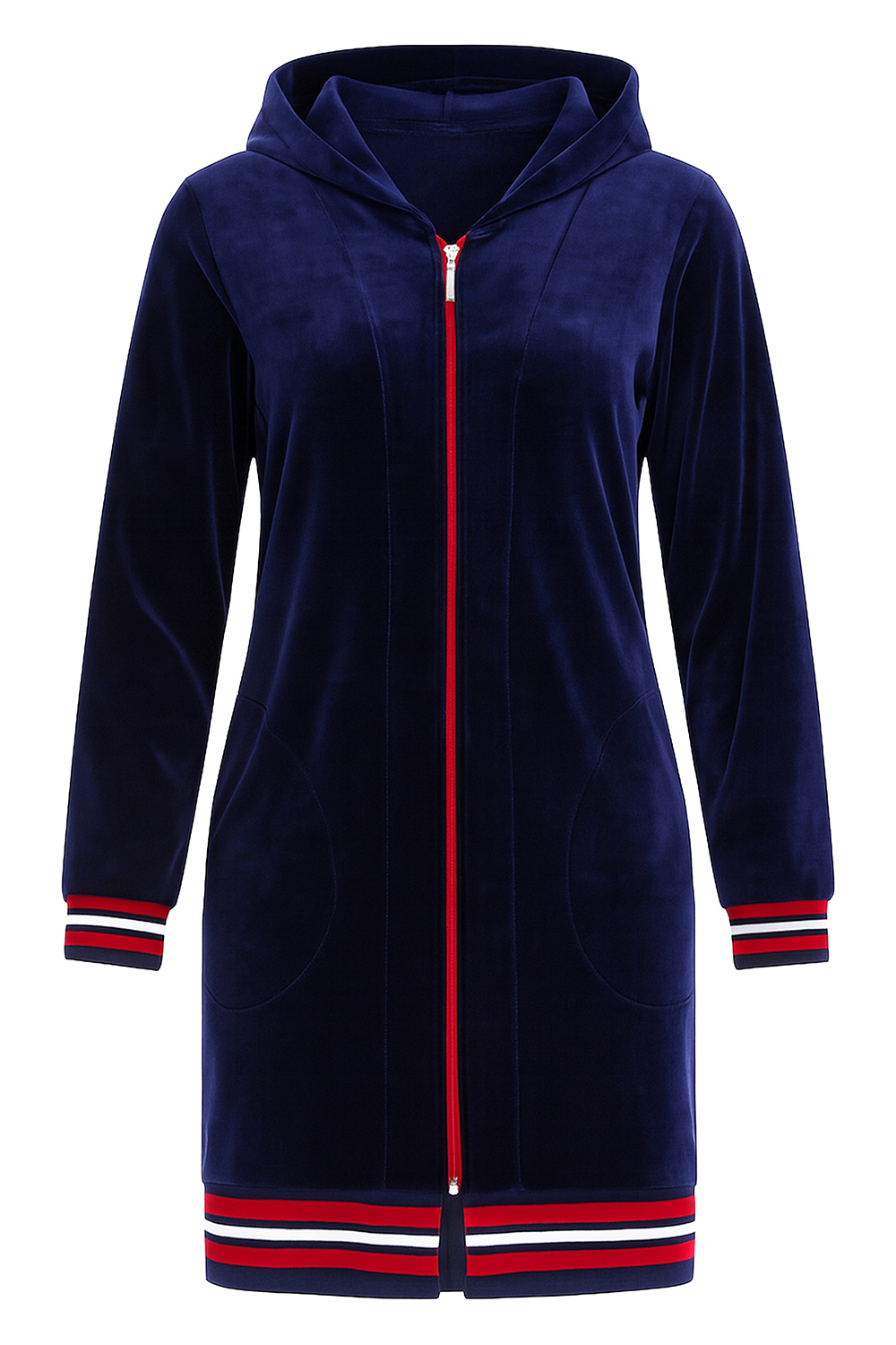 Vivisence Robe Cotton with Zipper Fastening and Cuffed Sleeves 5018, dark blue-red