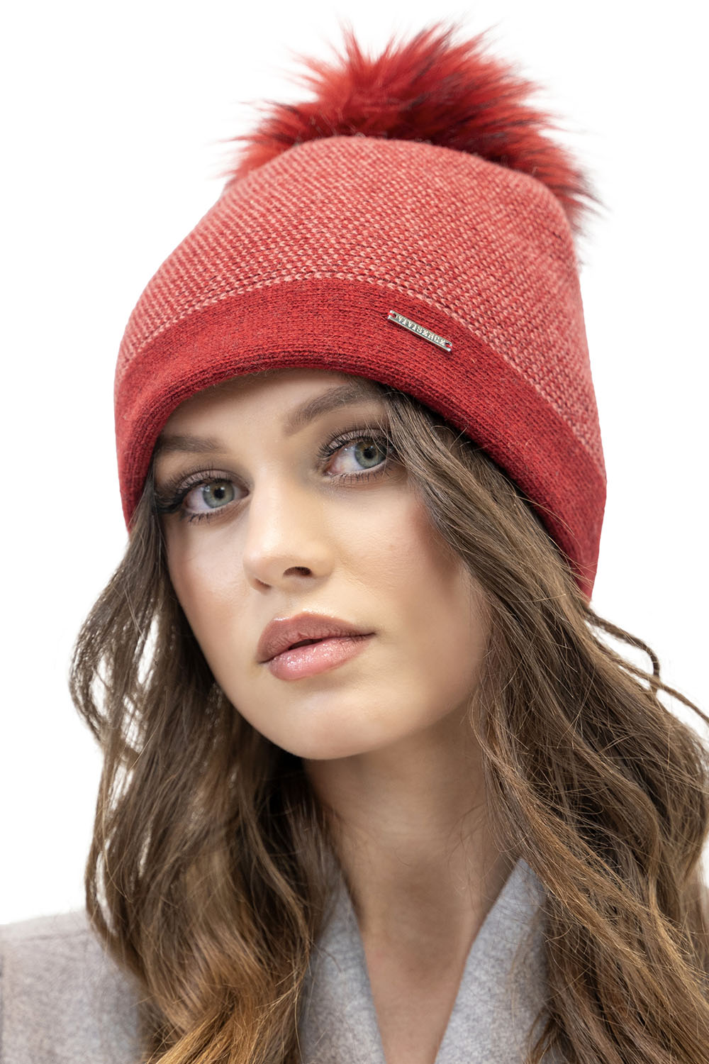 Vivisence Women's Pom Pom Hat Knitted With Subtle Houndstooth Pattern 7095, red cheerful check