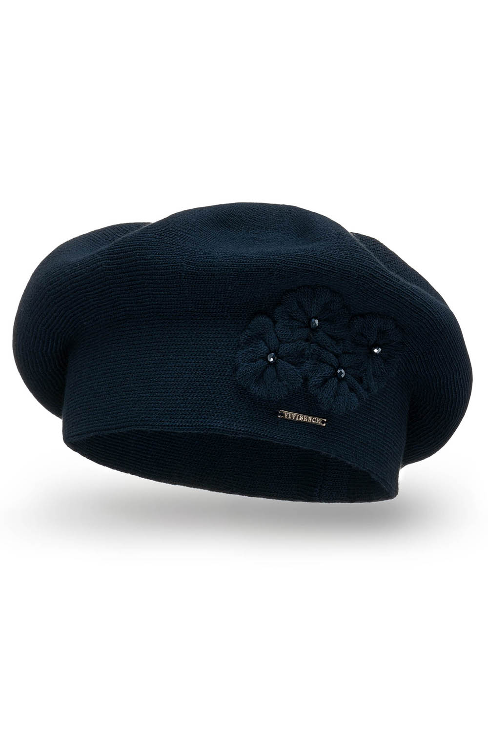 Vivisence Baskenmütze Damen Elegant Blume Warm Herbst Winter Accessoire 7006, dunkelblau