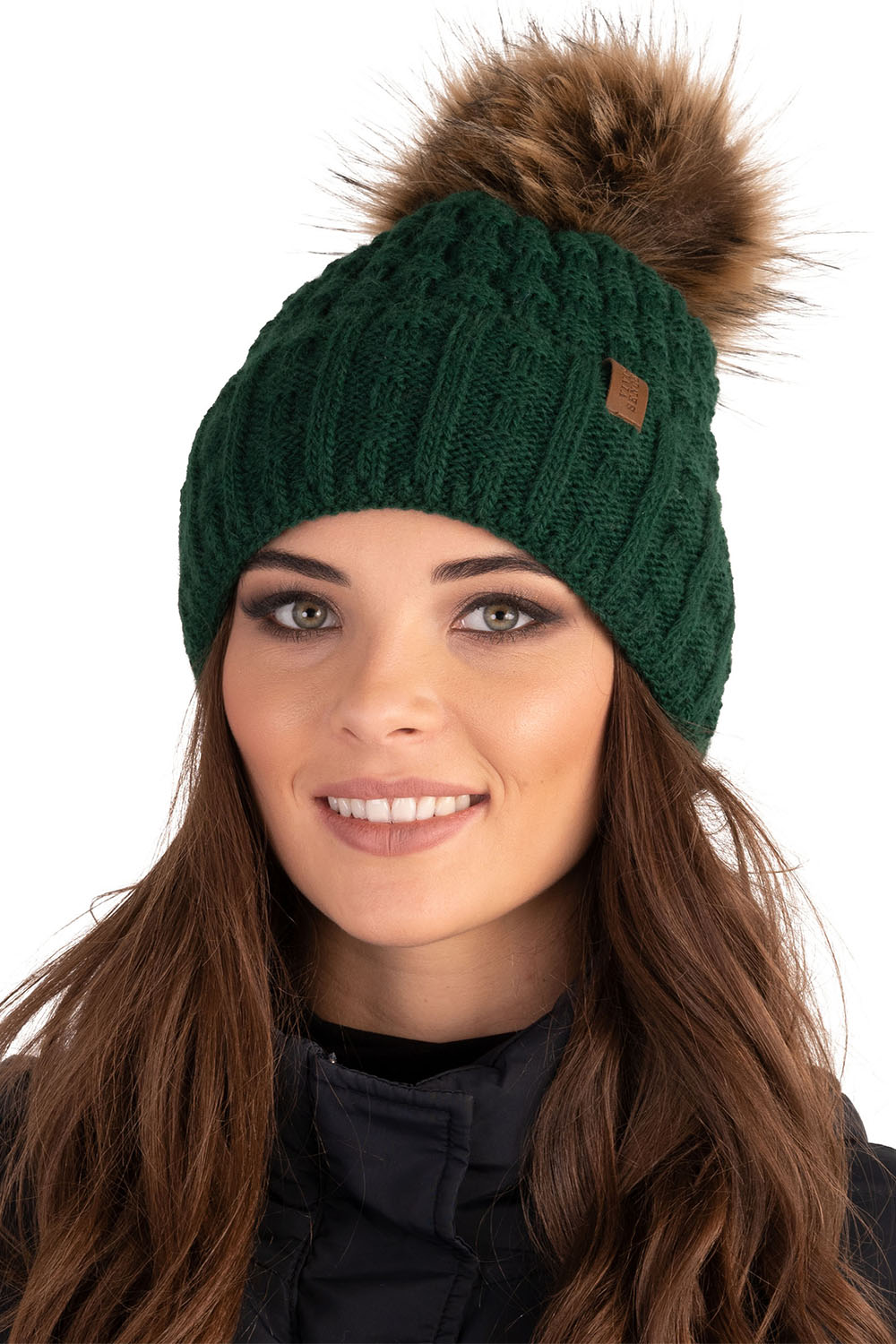 Vivisence Damen Mütze Bommel Warm Fleece Gefüttert Strick Winterstyle 7015, grün