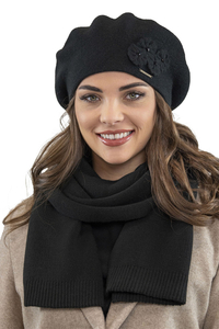 Vivisence Femme Béret Et Écharpe Pour l'Automne et l'Hiver Ensemble En Laine Avec Application Florale Style Classique Confortable Et Élégant Parfait Pour Lhiver Cadeau 7006Kmpl, noir