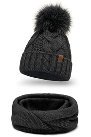 Vivisence Damen Bommelmütze Und Loop-Schal Mit Bommel Ideal Für Wintertage 7014, dunkelgrau