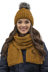 Vivisence Femme Bonnet Et Écharpe Pour l'Automne et l'Hiver À Pompon Chauds Doublés De Polaire Anti-Statique Idéal Pour Les Hommes Élégants Parfait Pour Froides Journées 7015Kmpl, jaune foncé
