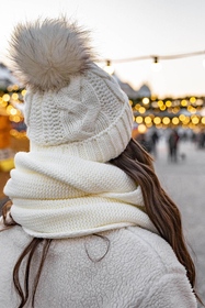 Vivisence Stylish Women's Winter Set Including Pompom Hat And Cozy Snood Scarf Made From Soft And Warm Fabric Smooth Fleece Lining Ideal For Cold Days, ecru