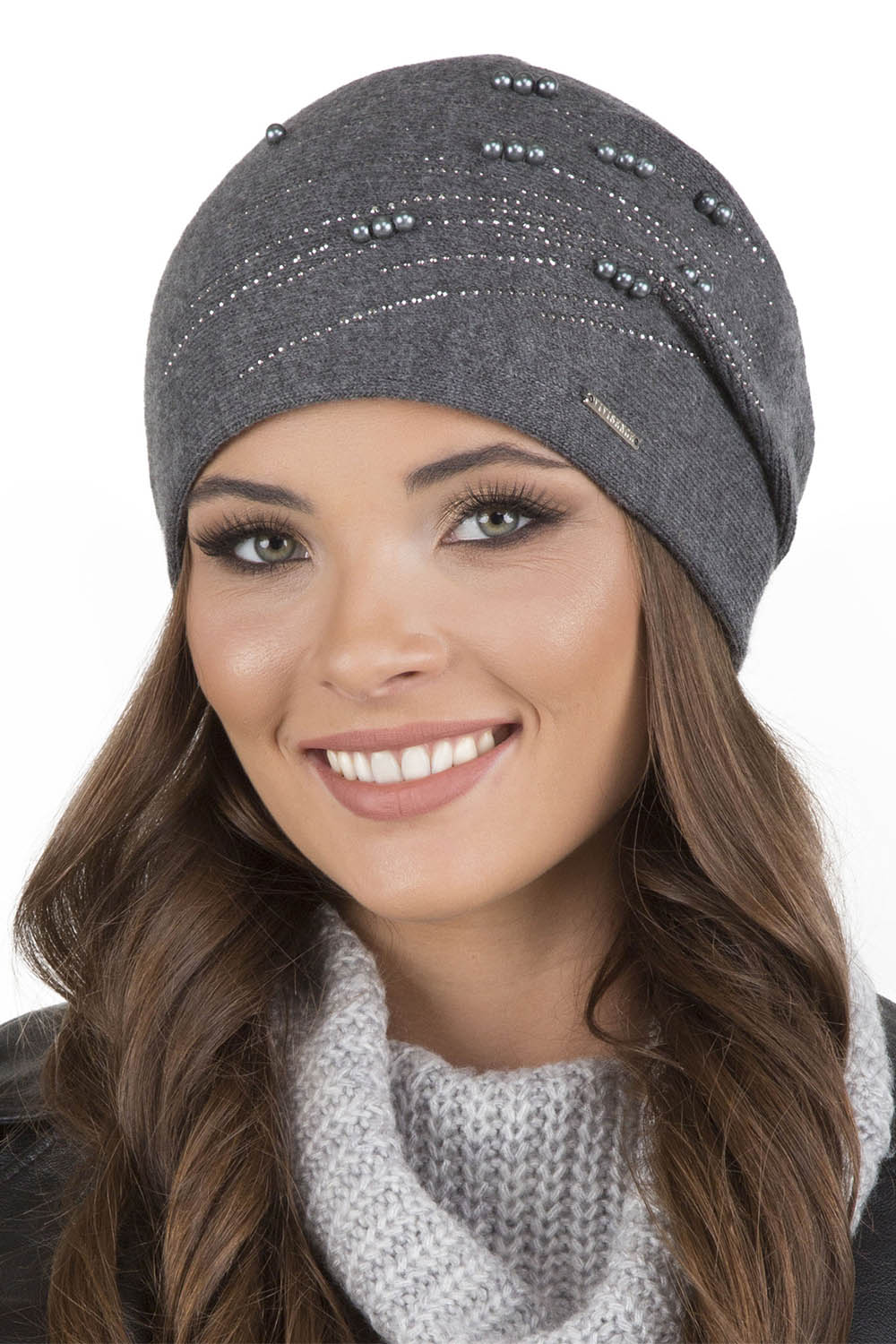 Vivisence Damen Mütze Strick Warm Fleece Zirkonia Perlen Elegant Winter 7012, dunkelgrau