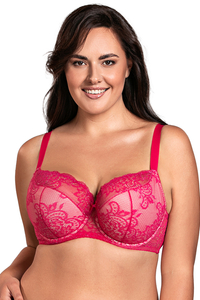Vivisence Underwired Bra Lace Semi Padded Bra Half-Padded Cups Floral Lace Details Adjustable Straps Side Seam Boning Perfect for Elegant Gift, fuchsia