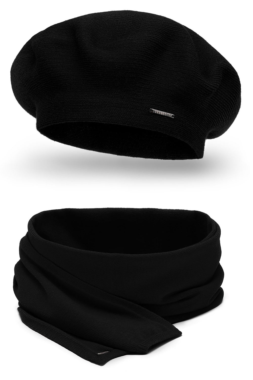 Vivisence Elegant Women's Winter Beret And Scarf Set Made Of Warm Thick And Soft Fabric With Wool Blend For Ladies Ideal For Cold Winter And Autumn Days, black