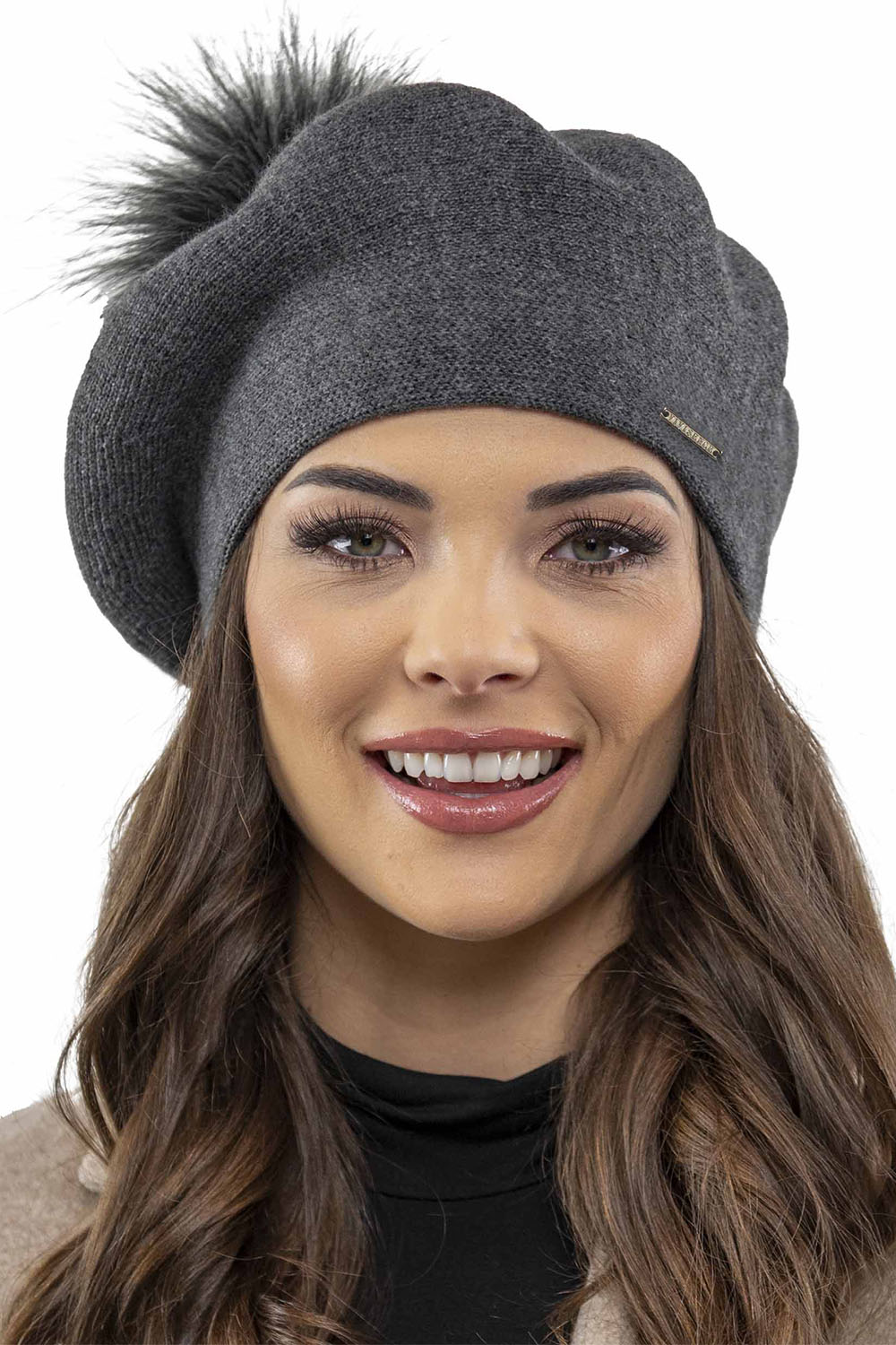 Vivisence Damen Baskenmütze Schal Set Bommel Wolle Warm Elegant Winter 7035Kmpl, dunkelgrau