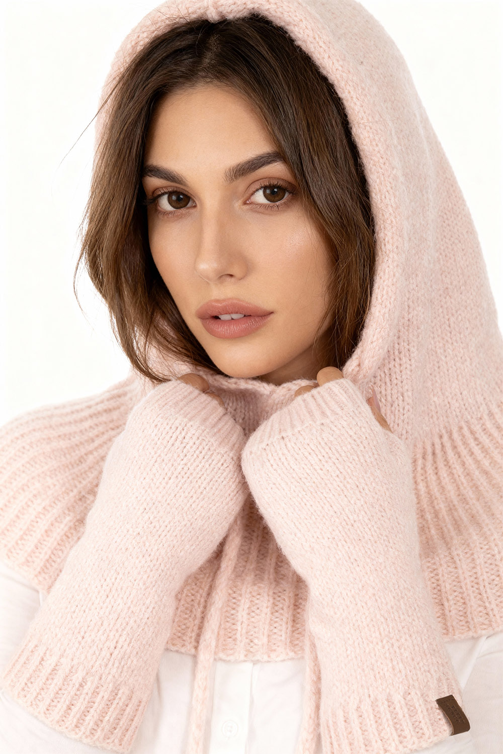 Vivisence Women Winter Hood And Gloves Set Merino Wool Knit Warm And Cozy, Pink