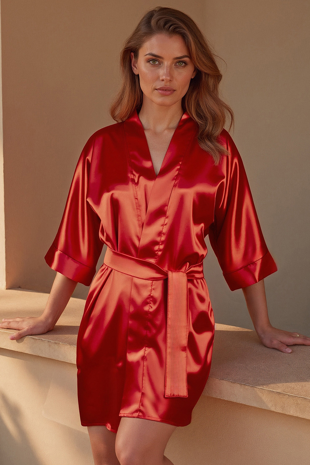 Vivisence Women's Satin Robe with 3/4 Sleeves Tie Waist Short Kimono Style Elegant Polyester Nightwear, 