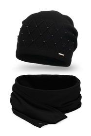 Vivisence Bonnet Et Écharpe Pour L'Hiver Femme Ensemble À La Mode Ajusté Classique Décoratif Avec Perles Tissage Et Laine Chaud Élégant Plaque Logo Confort Optimal 7002Kmpl, noir