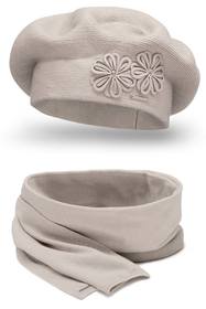 Vivisence Damen Baskenmütze Schal Set Wolle Blumenapplikation Warm Elegant 7007, beige