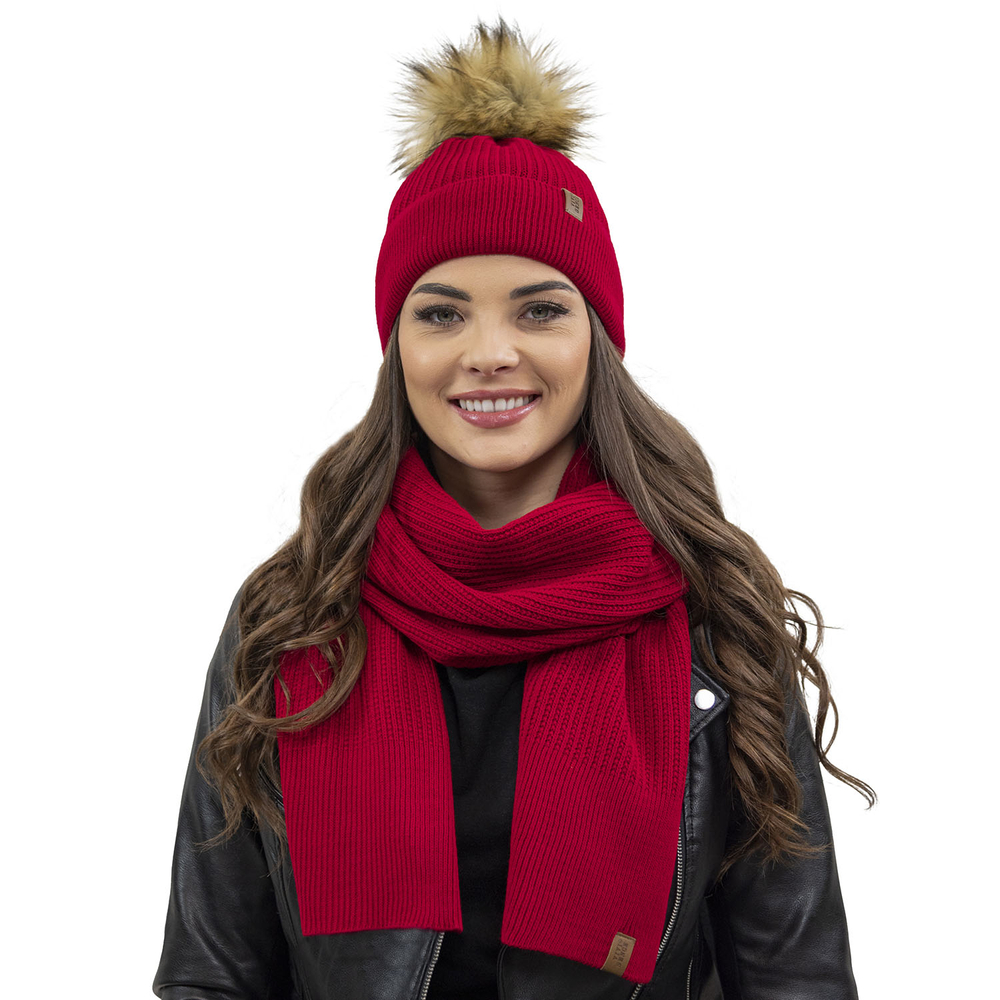 Vivisence Elegantes Damen Winter Set Aus Mütze Und Schal Mit Bommel Aus Warmem Garn Für Frauen Antistatische Perfekte Passform Für Elegante Und Sportliche Outfits, rot