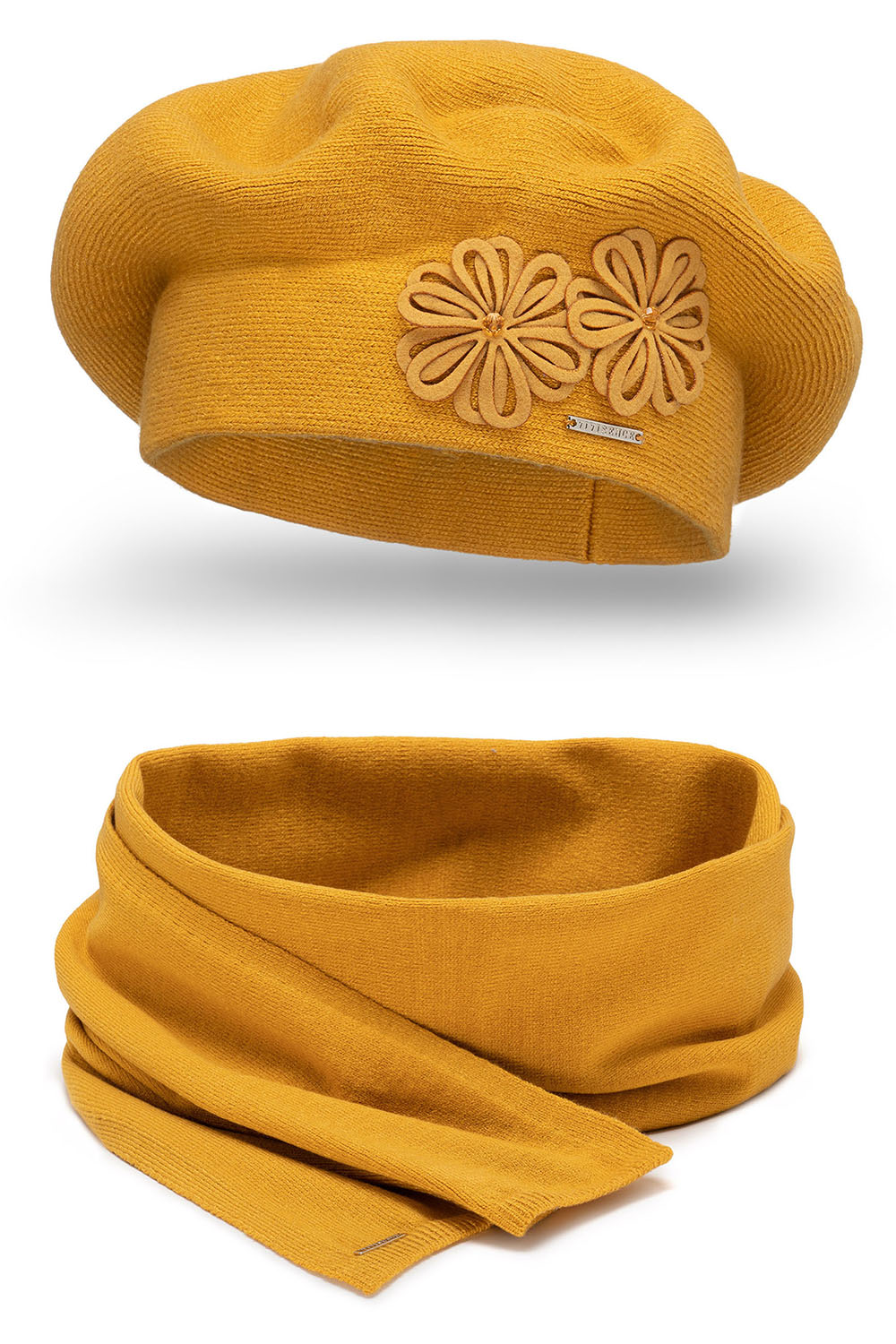 Vivisence Elegant Women's Winter Set Beret And Scarf With Classic Design And Floral Decoration Made Of Warm And Soft Fabric With Wool Blend Ideal For Cold Winter Days, Brown 